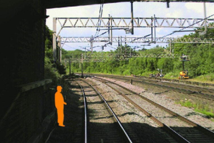 Forward facing CCTV image showing position of track worker within an area of limited clearance (courtesy of Avanti West Coast)