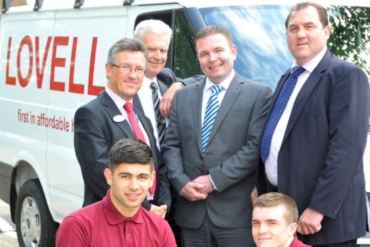 (Standing, l to r): Accent Peerless md Paddy Mooney, contract manager Geoff Mitchell; Lovell operations manager Gareth Allcock and regional manager Tony Rogers. Front: apprentices Shane Jennings and Tom Conway.