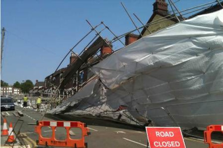 70m of sheeted scaffold peeled away from a row of houses in Wellington Road, Hanley.