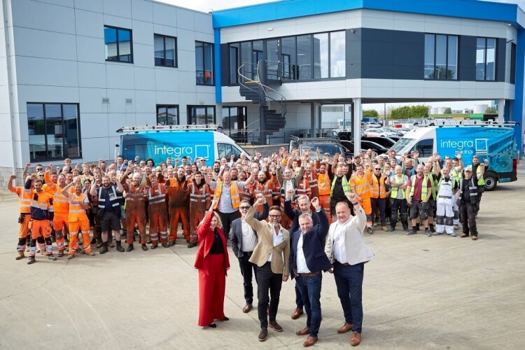 Integra Buildings&rsquo; directors, from left, Sarah Marshall, Mike Marriott, Gary Parker, Chris Turner, Jim Butler and Paul Tansey celebrate with the team in front of the company&rsquo;s self-built and newly-expanded head office in Paull