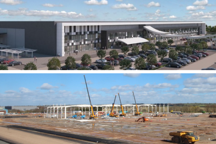 CGI of the finished building and current progress at Ansty Park