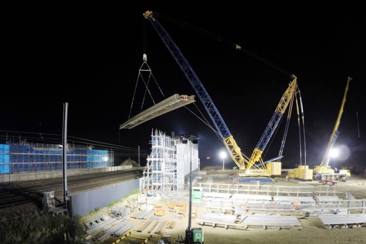 The Demag CC2500-1 lifts a 100-tonne girder into place. Photo courtesy of Highways England