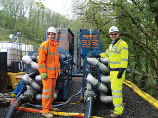 Kristian Down (left) inspects one of the Siltbuster treatment plants with Costain environmental advisor Hywel Woolf