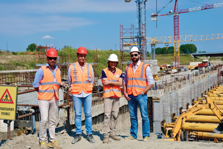 Giorddano Ciarlo (second right) and Groundforce representative Jacopo Zabeo (far right) pose with site engineers Matteo Loggia and Nicola Squeri