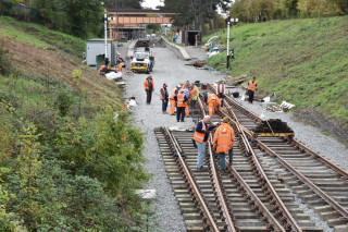 The permanent way team lays the turnouts at the north end of Broadway station