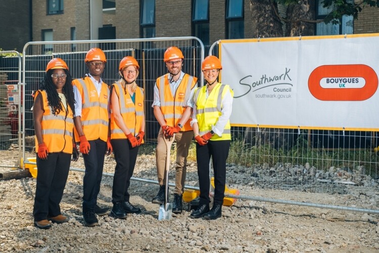 At the ground breaking photo call are (left to right) Southwark councillors Evelyn Akoto, Michael Situ and Helen Dennis, London deputy mayor Tom Copley and Linkcity managing director Phillippa Prongue&#769;