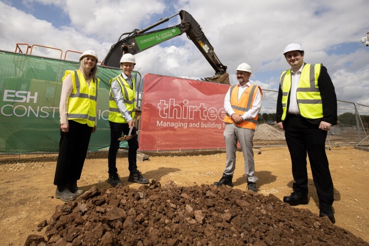 Left to right for ground breaking are Homes England manager Dilys Jones, Thirteen&rsquo;s chief executive Matt Forrest (with spade) Esh Construction chief executive Andy Radcliffe and the mayor of  Middlesbrough, Chris Cooke