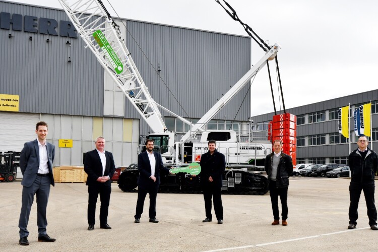 Pictured at the handover last month at Liebherr-GB in Biggleswade are, left to right, Select&rsquo;s Paul Griffin, Alex Warrington and Eddy Carr, with Richard Everist and Mark West of Liebherr, and Steve Bradby of Select on the right
