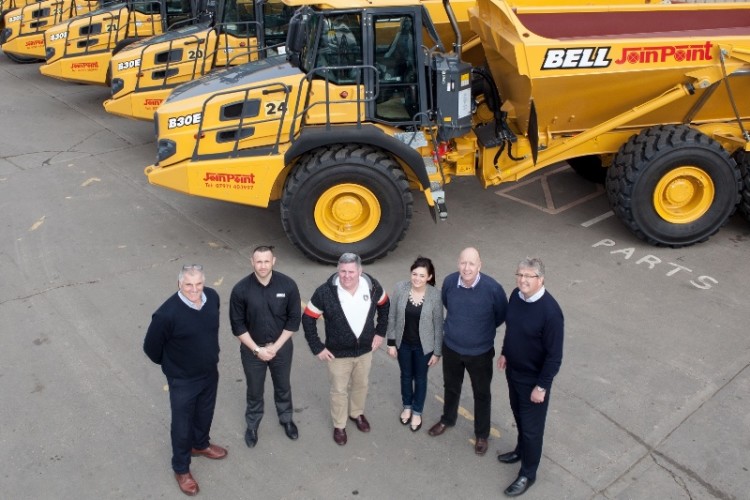 Left to right are Ian Cobden and Richard Higgott of Bell UK, Paul Finnegan, Ruby Finnegan and David Brown of JoinPoint, and Bell UK managing director Nick Learoyd.
