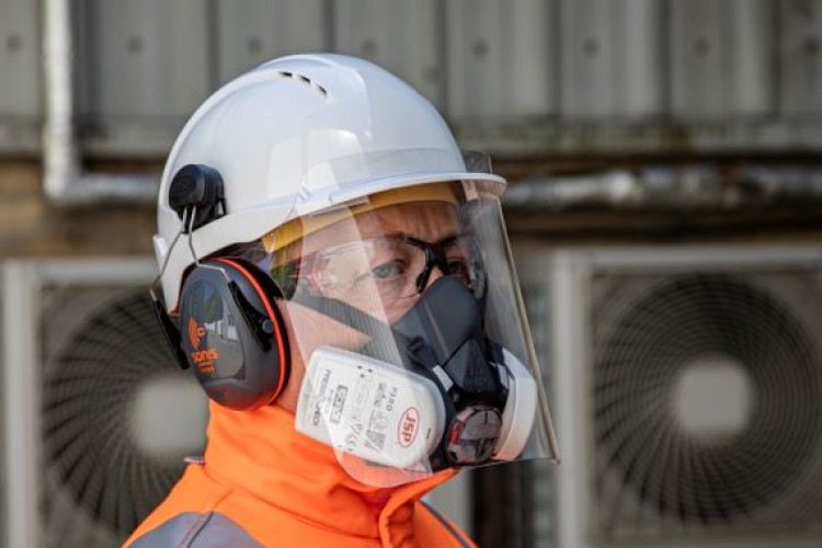 JSP's cough guard, demonstrated with ear defenders, safety glasses are respiratory apparatus, for the complete defence