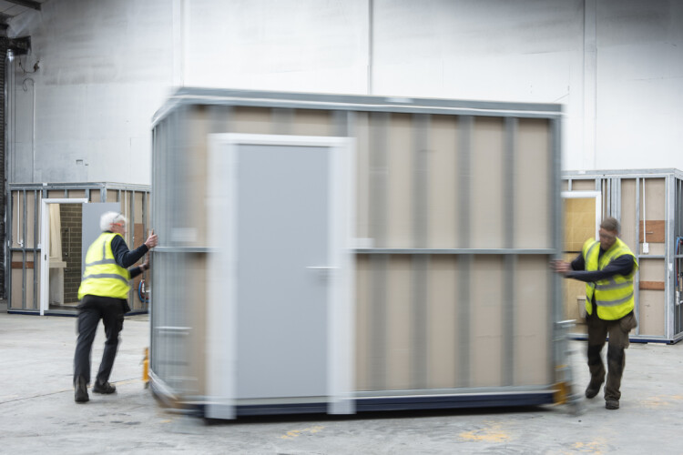 A Connex bathroom pod in the factory