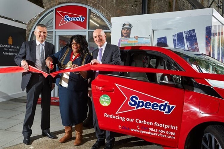 Speedy CEO Russell Down, Lambeth mayor Marcia Cameron Lambeth Council and Canary Wharf Contractors boss Cormac MacCrann open Speedy's South Bank shop