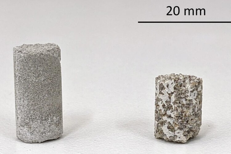 Two samples of calcium carbonate concrete, one using hardened cement paste (left) and the other using silica sand (image &copy; 2021 Maruyama et al)