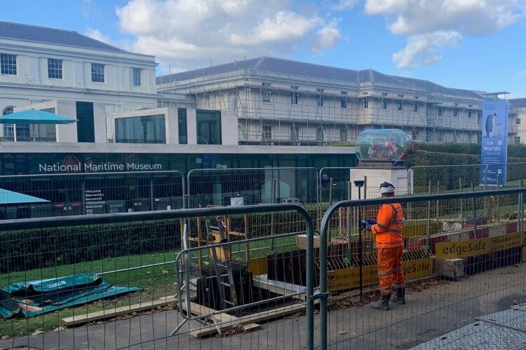 Phase Two of the construction of new water infrastructure between Deptford water treatment works and the Greenwich Peninsular runs in front of the National Maritime Museum