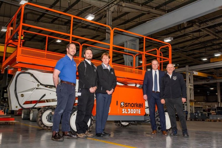 Pictured left to right with an SL30RTE are Ed Bisdee from battery supplier Hyperdrive Innovation with Snorkel&rsquo;s engineering manager Jason Lovell, commercial director Stephen Irish, CEO Matthew Elvin and manufacturing chief John Gill