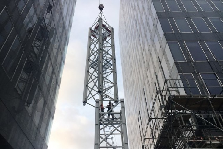 The tower crane being assembled at Euston