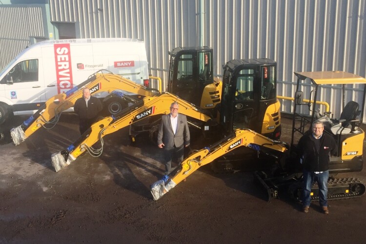 Left to right are Fitzgerald parts manager Mark Jenkins, Sany UK & Ireland dealer development director Tony Thorpe and Chris Fitzgerald, managing director of Fitzgerald Plant Services