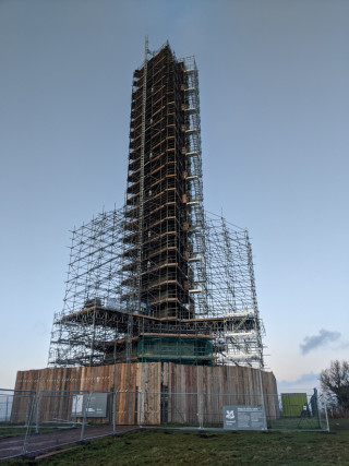 The scaffold is free-standing and buttressed at the bottom
