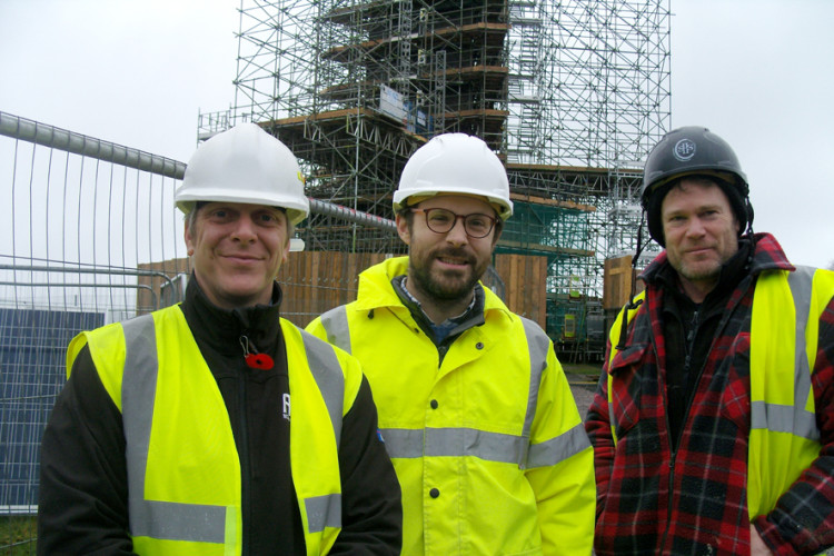 From left: Apex Scaffolding estimator Adam Bussell, National Trust project lead Jonah Jay and SSHC mason John Mullins