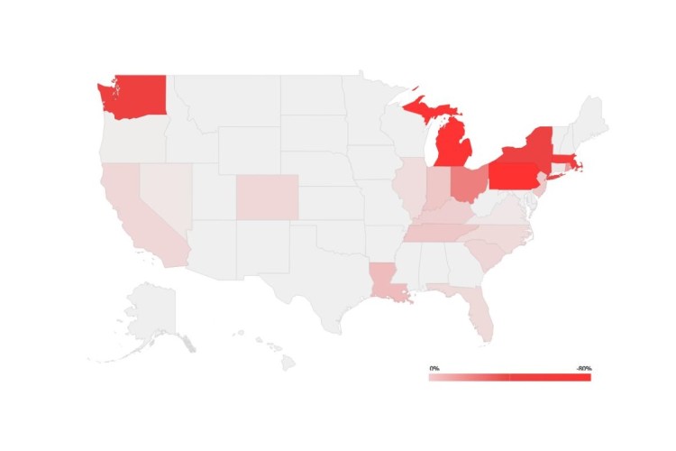 The OxBlue Activity Index shows in red the states with the biggest declines