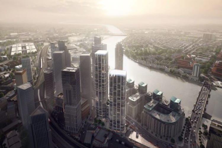 The two towers of Vauxhall Cross Island are visualised in the centre of this image