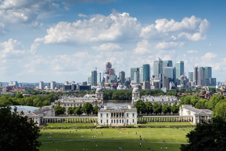 View of London&rsquo;s Isle of Dogs from Greenwich. &copy; Historic England / Chris Redgrave