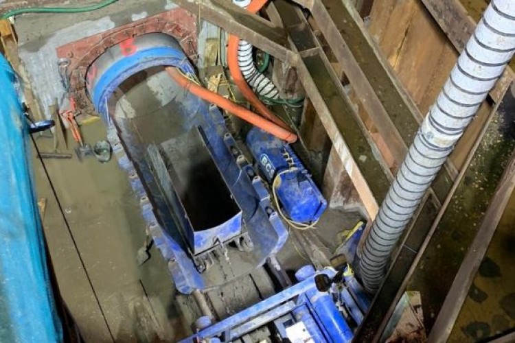 View down the access well at Hersham showing the pipes being installed to replace the sewer tunnel