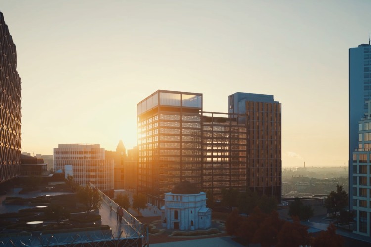 CGI of One Centenary Way, which will have an exposed structural steel fa&ccedil;ade