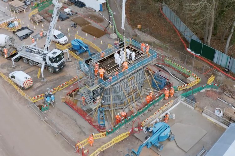 Concrete being poured by Kilnbridge for the first pier on the Colne Valley Viaduct in December 2021