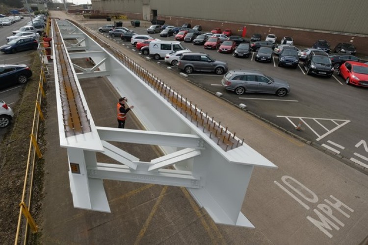 The first of the paired 50-metre girders being prepared to leave Cleveland Bridge UK