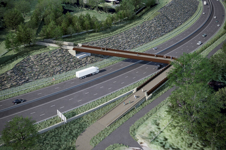 The Cotswold Way footbridge, made of weathering steel, will be assembled offline and moved into place using a self-propelled modular transporter