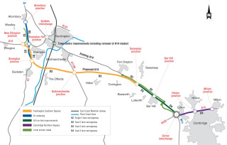 Map of the A14 Cambridge to Huntingdon upgrade route 