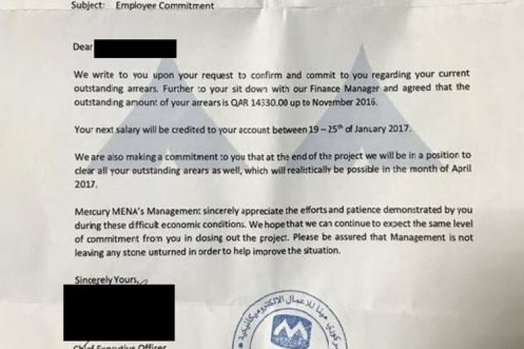 One of the letters received by a worker at Mercury MENA - click to enlarge
