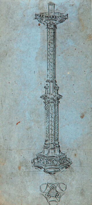 Pugin's design for a candlestick with hexagonal base and three feet