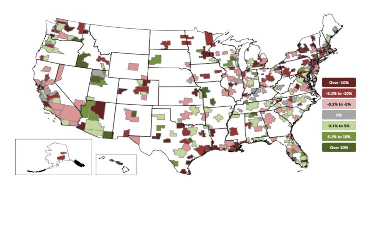 Areas coloured dark red lost more than 10% of construction jobs (click to enlarge)