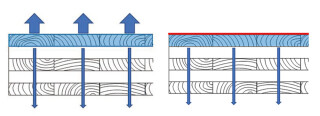 The drying mechanism of five-layer, 100mm-thick CLT panels with (left) and without (right) foil coverings