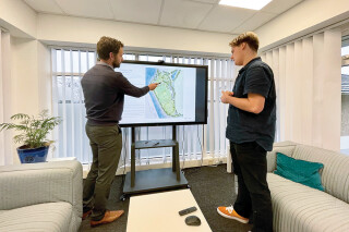 Tom Rees-Senior, project manager of the Boscawen Park Town Deal project (l) with placement student Tobi Crowther