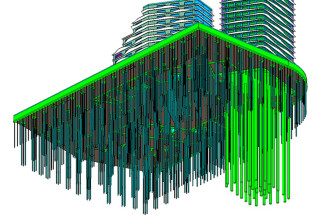 3D design drawing showing the arrangement and relative sizes of the tower piles (bright green) and the traditional piles (dark green)