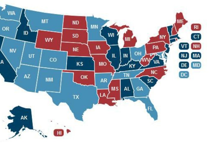 In states coloured red, more than 12% of bridges are deficient. Dark blue indicates 9-11% and lighter blue is 2-8% (click to enlarge)