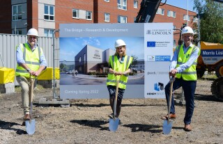 Breaking ground at the Bridge are (left to right) university professors Ian Scowen and Libby John with Henry Brothers Midlands managing director Ian Taylor 
