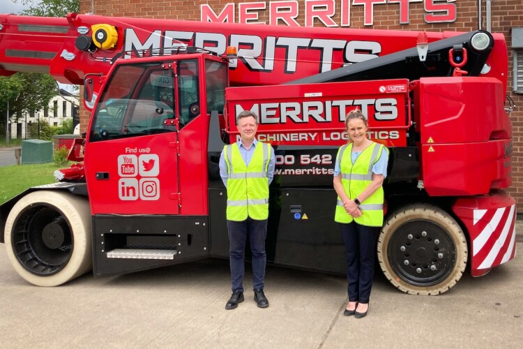 Andy Booth (left) and Paula Law in front of Merritt&rsquo;s 58-tonne capacity JMG MC-580 pick & carry crane