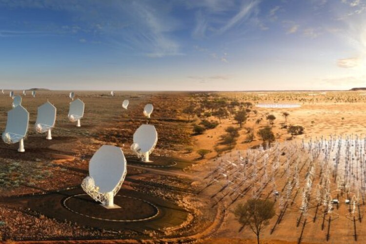 Composite image of the SKA combining existing and future elements of the arrays in South Africa (left) and Australia (right)
