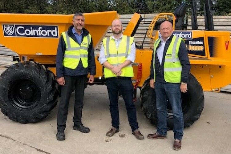 Paul Rodwell of Thwaites (left), Coinford Plant boss Lee Burlton (centre) and dealer Jim Dicker