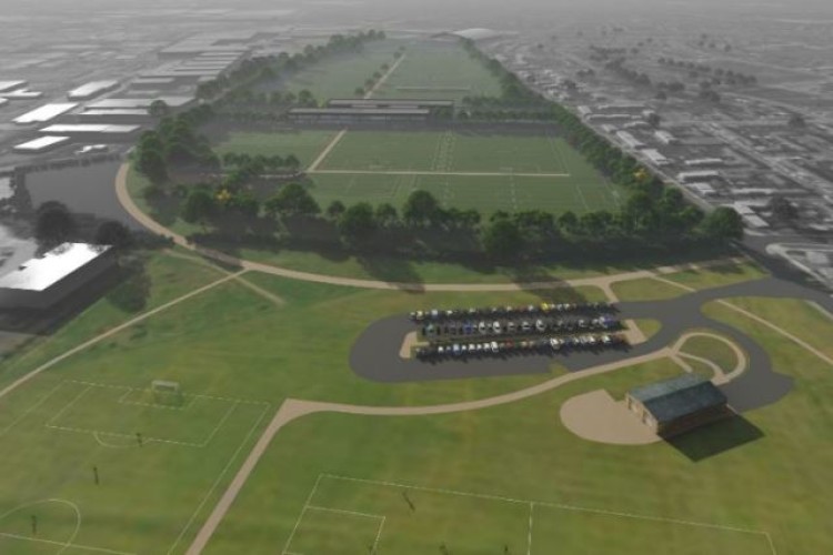 Aerial view of proposed development from community playing fields across the LFC Academy site