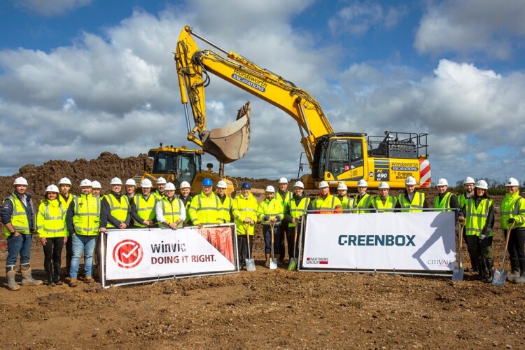 Representatives from Winvic Construction, Greenbox, Partners Group and Citivale break ground at Greenbox Darlington