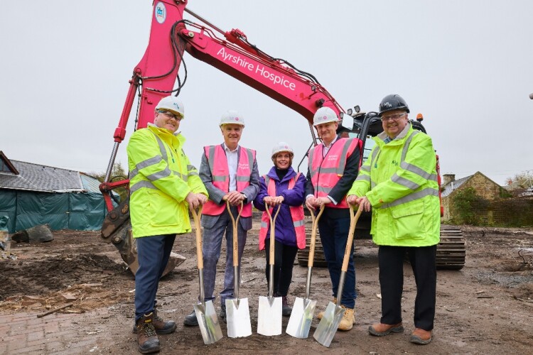 Left to right are Ayrshire Hospice chair Tom Steele, chief executive Tracy Flynn, McLaughlin & Harvey director John McClintock, Hospice trustee Andrew Baillie and M&H senior project manager Colin Harvey officially break ground 