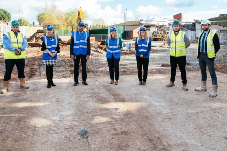 The project team line up for a ground-break photocall, including Speller Metcalfe senior site manager Jack Brooker (left), site manager Cory Hone (second right) and regional director Mark Hudgeon (right)