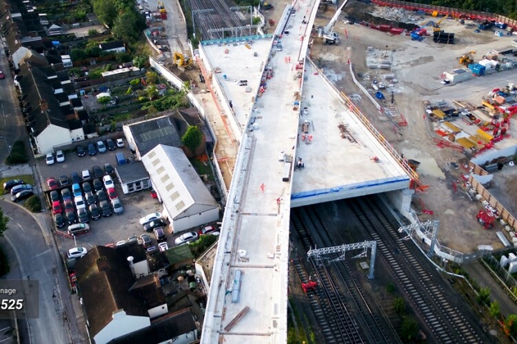 The Bletchley flyover is supported by a prefabricated concrete box on top of the West Coast main line