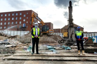Leeds Teaching Hospitals NHS Trust finance director Simon Worthington and BAM preconstruction director Paul Cleminson on site in Leeds back in June